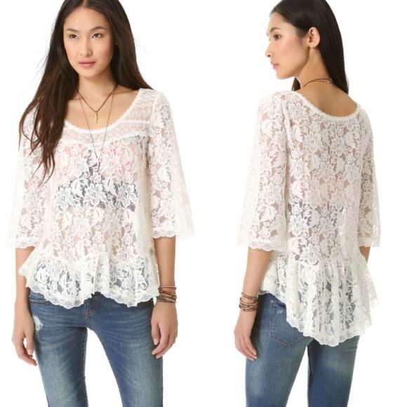 Free People Sheer Lace Tunic Shirt Top White Sz Small Whimsigoth Boho Gypsy - Picture 1 of 14